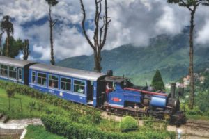 toy train travelling through the mountain in darjeeling