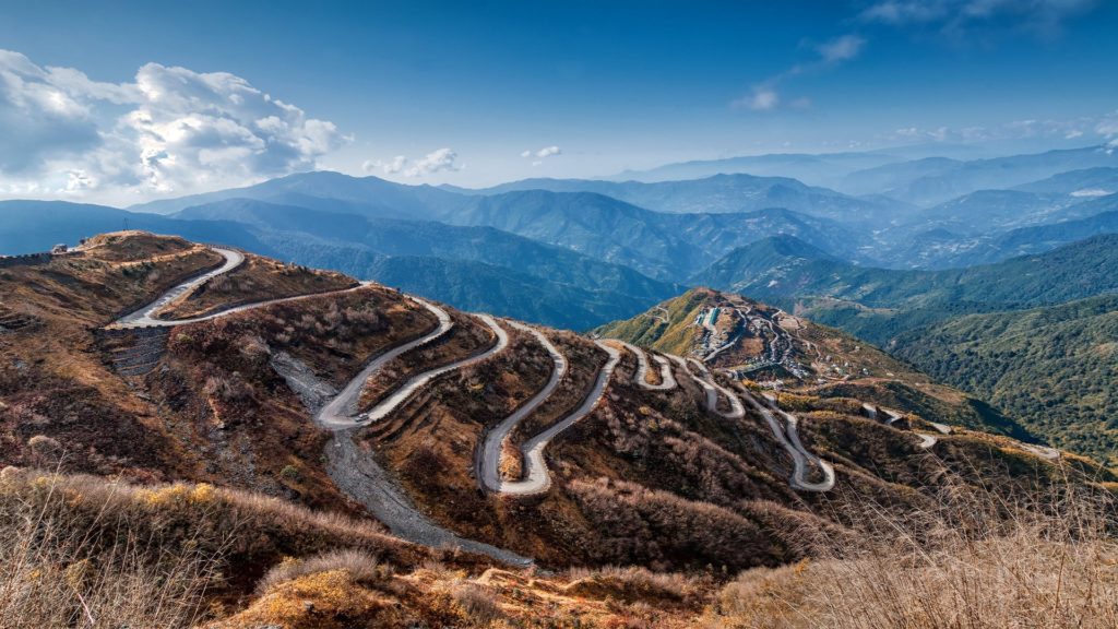 sky view of himalaya hill and its zigzag road