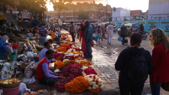 people travelling through flower bazaar