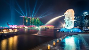 lion fountain, night, buildings, singapore