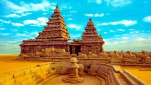shore temple with clear blue skies
